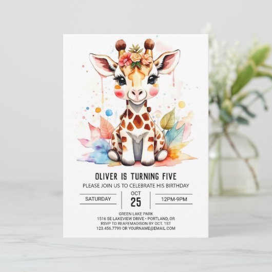 Whimsical Giraffe Safari Geburtstag Einladung (Stehend Vorderseite)