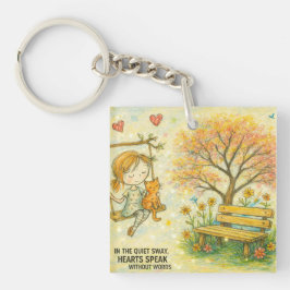 Whimsical Girl and Orange Cat Garden Keychain Schlüsselanhänger