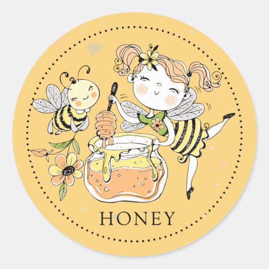 Whimsical Girl bee honey Jar Label Runder Aufkleber (Vorderseite)