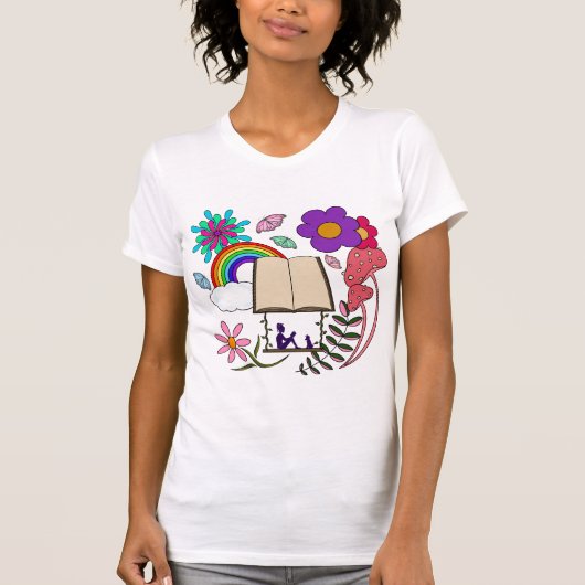Whimsical Girl Buch Hund Regenbogenpilze Blütenblü T-Shirt (Vorderseite)