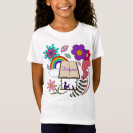Whimsical Girl Buch Hund Regenbogenpilze Blütenblü T-Shirt