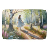 Whimsical Girl Dancing Through Birch Forest Badematte (Vorderseite)