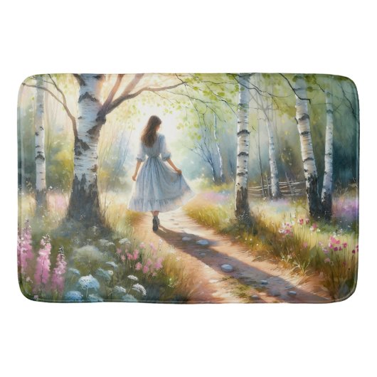 Whimsical Girl Dancing Through Birch Forest Badematte (Vorderseite)
