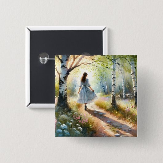 Whimsical Girl Dancing Through Birch Forest Button (Vorne & Hinten)
