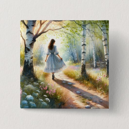 Whimsical Girl Dancing Through Birch Forest Button (Vorderseite)