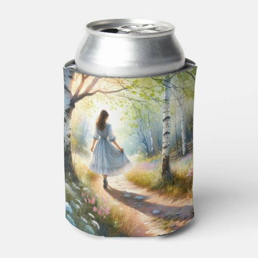 Whimsical Girl Dancing Through Birch Forest Dosenkühler (Kanne Vorderseite)