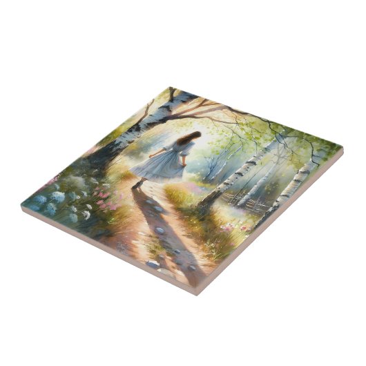 Whimsical Girl Dancing Through Birch Forest Fliese (Seite)