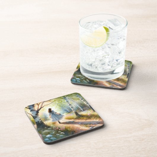 Whimsical Girl Dancing Through Birch Forest Getränkeuntersetzer (Rechte Seite)