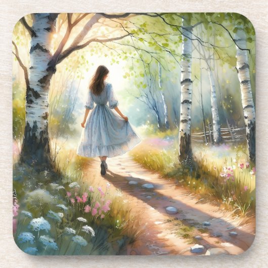 Whimsical Girl Dancing Through Birch Forest Getränkeuntersetzer (Vorderseite)