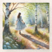 Whimsical Girl Dancing Through Birch Forest Glasuntersetzer (Vorderseite)
