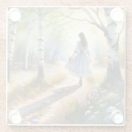 Whimsical Girl Dancing Through Birch Forest Glasuntersetzer (Rückseite)