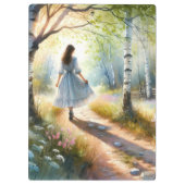 Whimsical Girl Dancing Through Birch Forest Klemmbrett (Rückseite)
