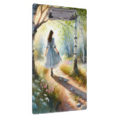 Whimsical Girl Dancing Through Birch Forest Klemmbrett (Rechts)
