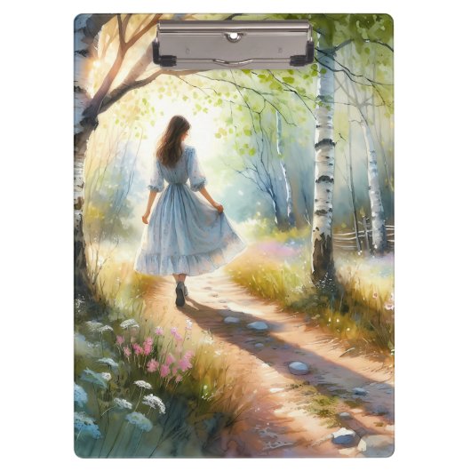 Whimsical Girl Dancing Through Birch Forest Klemmbrett (Vorderseite)
