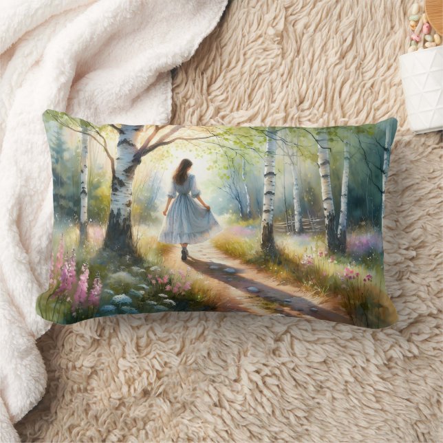 Whimsical Girl Dancing Through Birch Forest Lendenkissen (Decke)