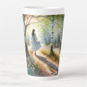 Whimsical Girl Dancing Through Birch Forest Milchtasse (Vorderseite)