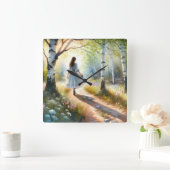 Whimsical Girl Dancing Through Birch Forest Quadratische Wanduhr (Zuhause)