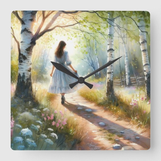 Whimsical Girl Dancing Through Birch Forest Quadratische Wanduhr (Vorderseite)