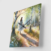 Whimsical Girl Dancing Through Birch Forest Quadratische Wanduhr (Winkel)