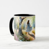 Whimsical Girl Dancing Through Birch Forest Tasse (Vorderseite Links)