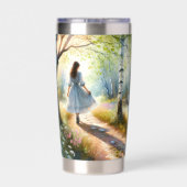 Whimsical Girl Dancing Through Birch Forest Thermobecher (Rückseite)