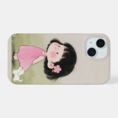 Whimsical Girl & Dog Cartoon Handy Case Design iPhone 15 Hülle (Rückseite (Horizontal))