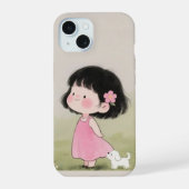 Whimsical Girl & Dog Cartoon Handy Case Design iPhone 15 Hülle (Rückseite)