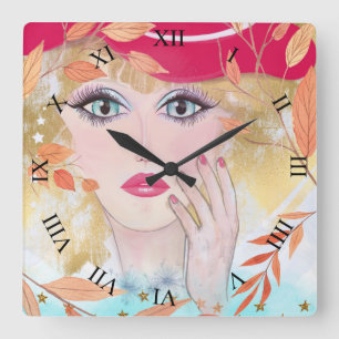 Whimsical Girl Face Hand Blätter römische Zahlen Quadratische Wanduhr