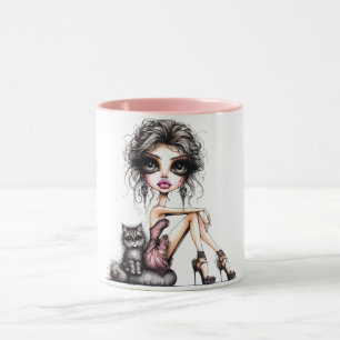 Whimsical Girl große Augen mit Katze Tasse
