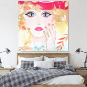 Whimsical Girl in Hat Face Hand Blätter Leinwanddruck (Insitu (Schlafzimmer))