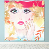 Whimsical Girl in Hat Face Hand Blätter Leinwanddruck (Insitu (Holzboden))