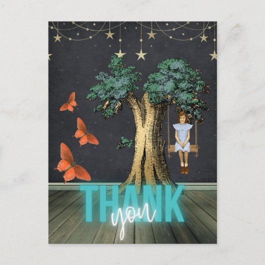 Whimsical Girl in Swing Surreal Danke Postkarte (Vorderseite)