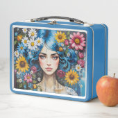Whimsical Girl mit blauem Haar und Wildblumen Metall Brotdose (Beispiel)