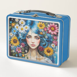 Whimsical Girl mit blauem Haar und Wildblumen Metall Brotdose