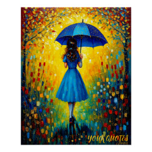 Whimsical Girl mit blauem Regenschirm Poster