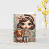 Whimsical Girl mit Dackel Karte (Gelbe Blume)