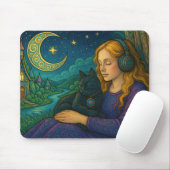 Whimsical Girl mit schwarzer Katze unter dem Halbm Mousepad (Mit Mouse)