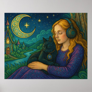 Whimsical Girl mit schwarzer Katze unter dem Halbm Poster