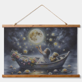 Whimsical Girl Moon Dream Fantasy Scene Wandteppich Mit Holzrahmen