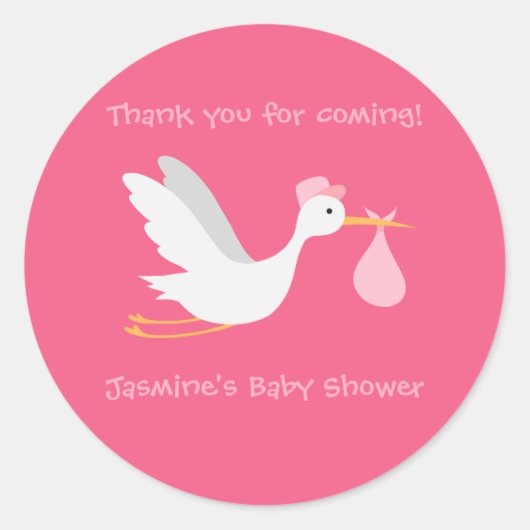 Whimsical Girl Stork Baby Dusche Runder Aufkleber (Vorderseite)