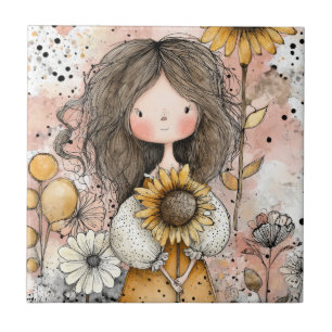 Whimsical Girl Wasserfarbe mit floralen Akzenten ( Fliese