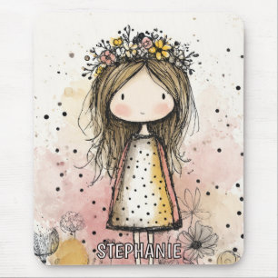 Whimsical Girl Wasserfarbe mit floralen Akzenten ( Mousepad