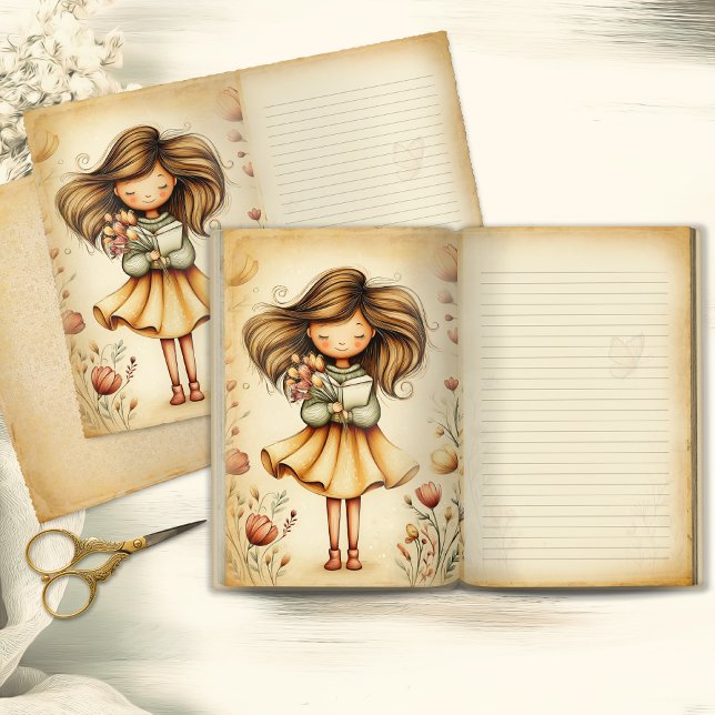 Whimsical Girl with Book & Flowers Journal Page (Von Creator hochgeladen)