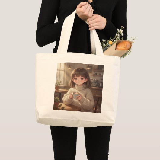 Whimsical Girl with Coffee Tote Bag Jumbo Stoffbeutel (Vorderseite (Produkt))