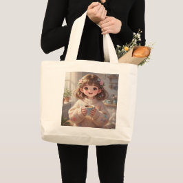 Whimsical Girl with Coffee Tote Bag Jumbo Stoffbeutel