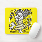 Whimsical Girl with Kitten Mousepad (Mit Mouse)