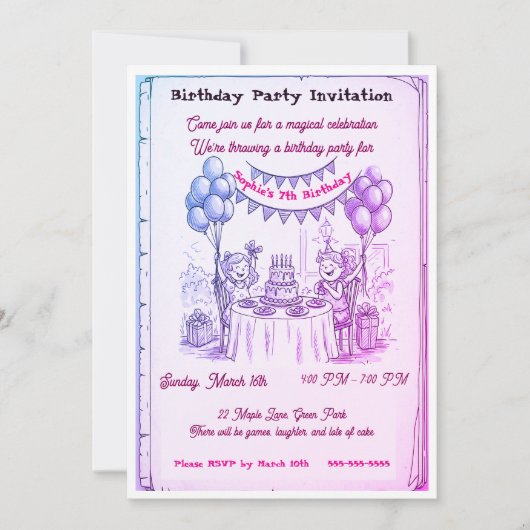Whimsical Girls Birthday Party Invitation | Hand-D Einladung (Vorderseite)