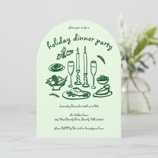 Whimsical Girly Holiday Dinner Party Arte Xmas Einladung (Stehend Vorderseite)