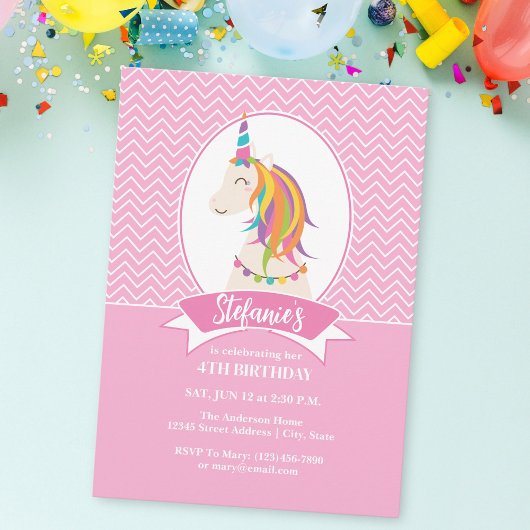 Whimsical Girly Pink Rainbow Unicorn Girl Birthday Einladung