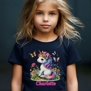 Whimsical Glitter-Blumen-Einhorn schwarzes T-Shirt